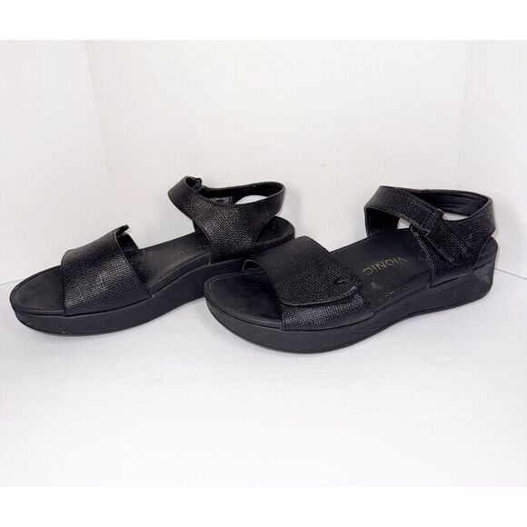 Vionic Raz Metallic Sandals Wedge Comfort Casual Adjustable Straps Black Size 9 - Picture 1 of 16